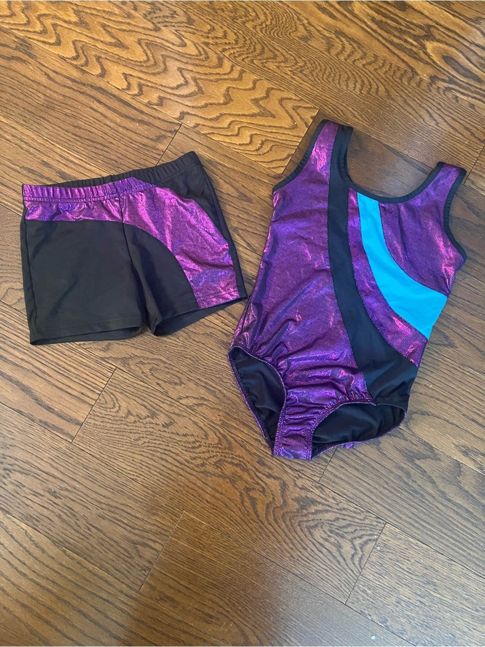 Danskin Shiny Purple and Teal Gymnastics Leotard with Black Shorts Girls 7/8